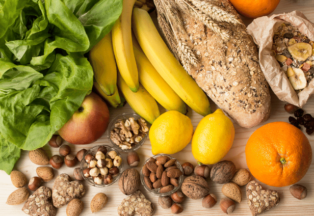 Array of fruits, vegetables and healthy grains